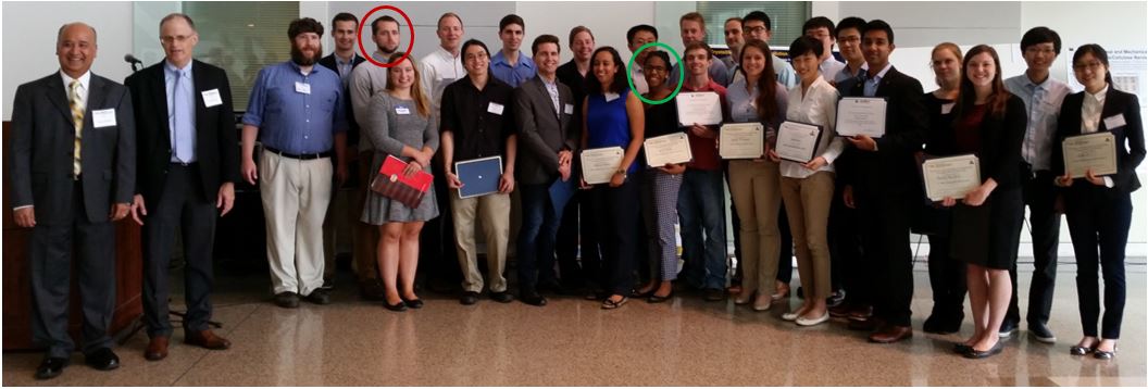 All those recognized at the 4th Annual GT MSE Spring Poster Session are shown above.  Sidney Malak (red circle) won best poster over all featured and in the nanomaterials division.  Anise Grant (green circle) placed 3rd in the biomaterials division.